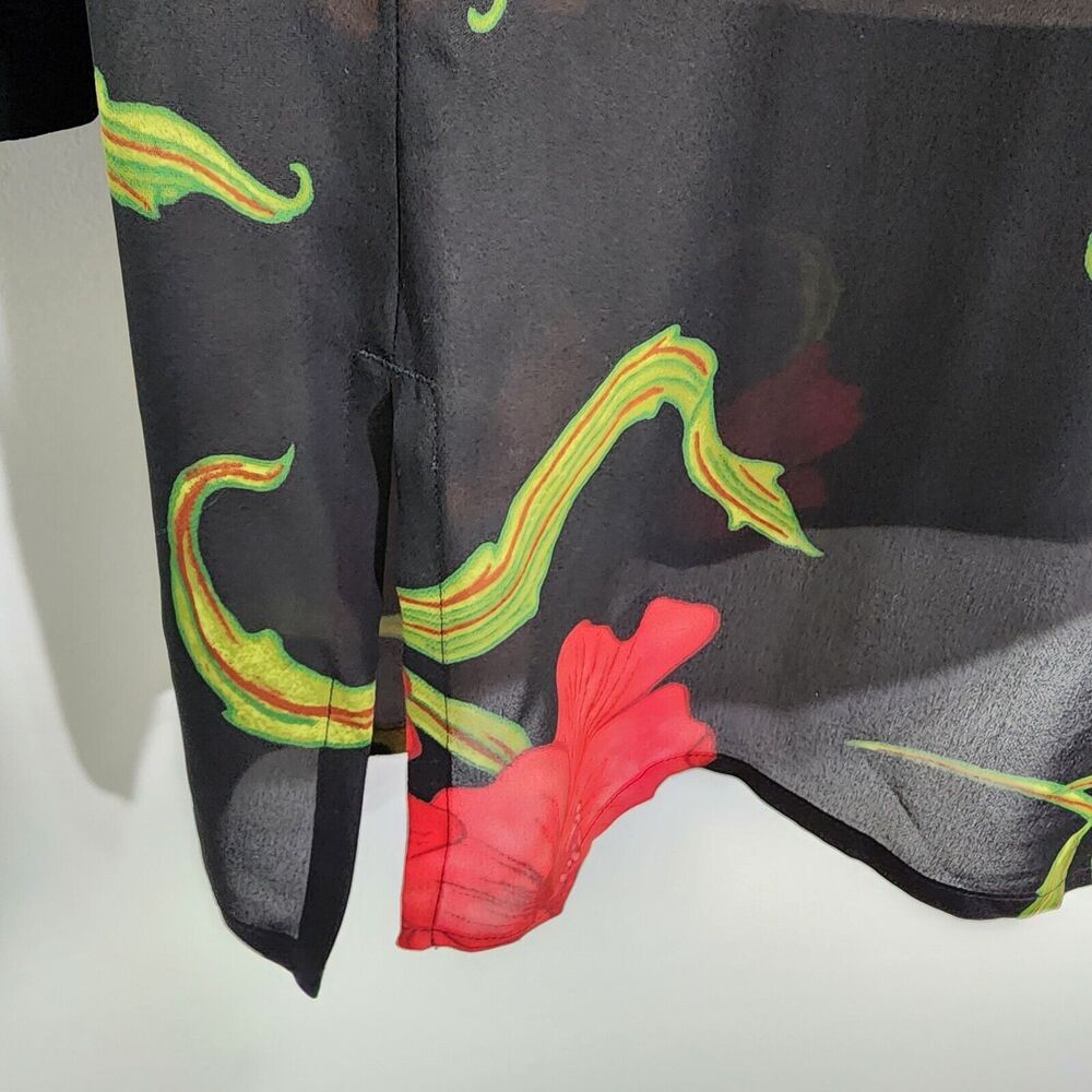 Chicos Design Top Sz 1 Medium 100% Silk Black Red Floral Sheer Vtg Button Tunic - Picture 6 of 9